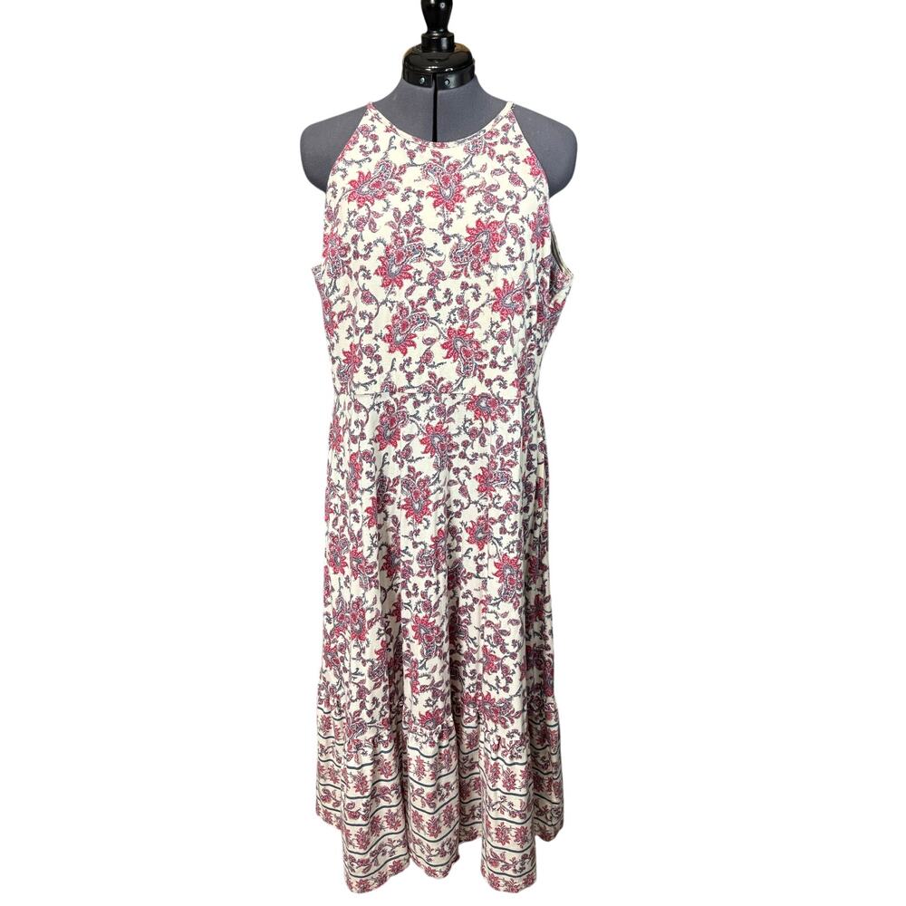 CHAPS  Red White Blue Floral Sundress L Cotton Midi Ruffle Summer Dress